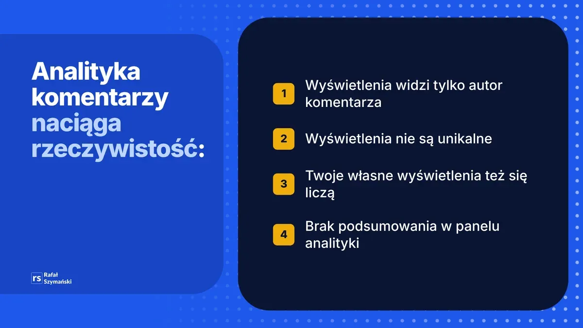 Cztery ograniczenia analityki komentarzy na LinkedInie: wyświetlenia widzi tylko autor, nie są unikalne, liczą się też własne wyświetlenia i nie ma podsumowania w panelu