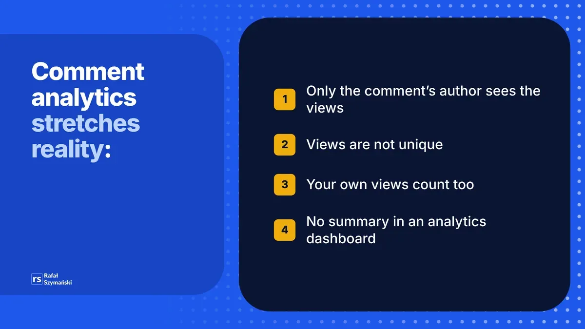 Four limits of LinkedIn comment analytics: only the author sees views, views are not unique, your own views count, there is no dashboard summary