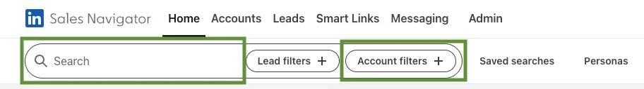The top bar of Sales Navigator with the search box and the Account filters button highlighted