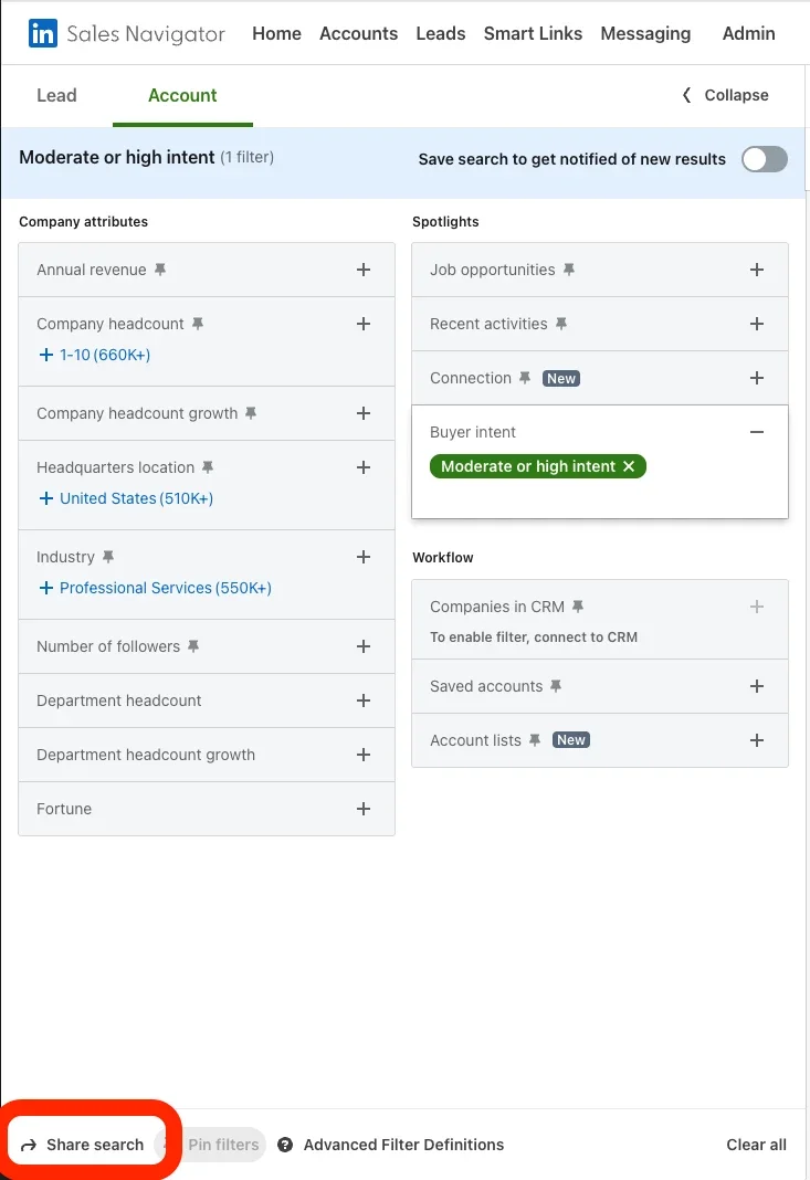The Account filters panel in Sales Navigator with sample filters and the Share search button highlighted in red in the bottom-left corner