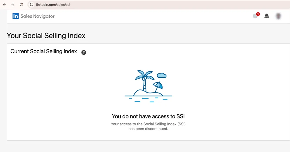 Strona Social Selling Index na koncie bez licencji Sales Navigator po 8 września 2026: pusta plansza z palmą i komunikat „You do not have access to SSI”