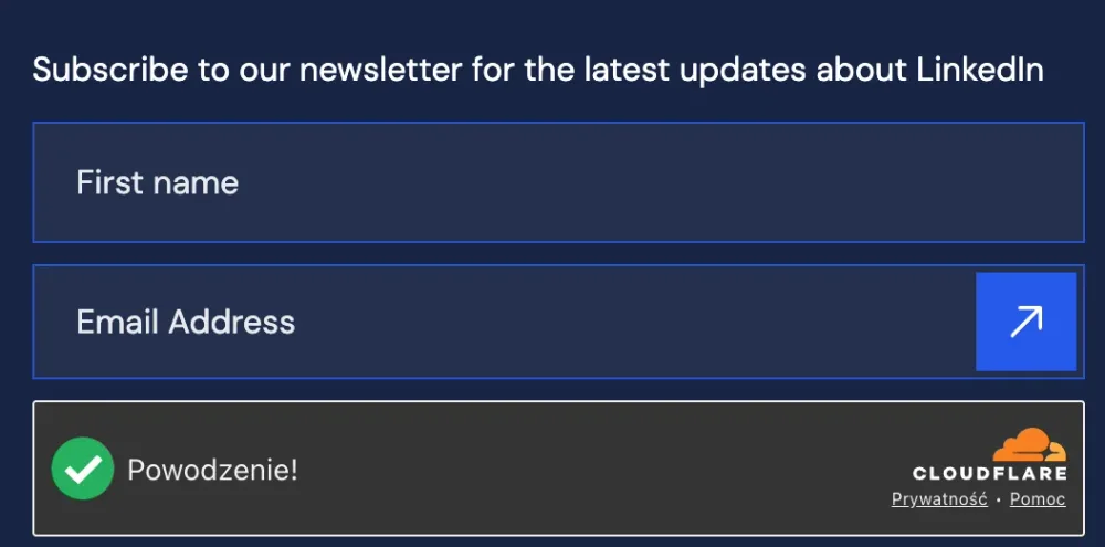 Newsletter signup form in the footer of rafalszymanski.pl: First name and Email Address fields, below them the Cloudflare Turnstile widget with a green check mark and the word Success