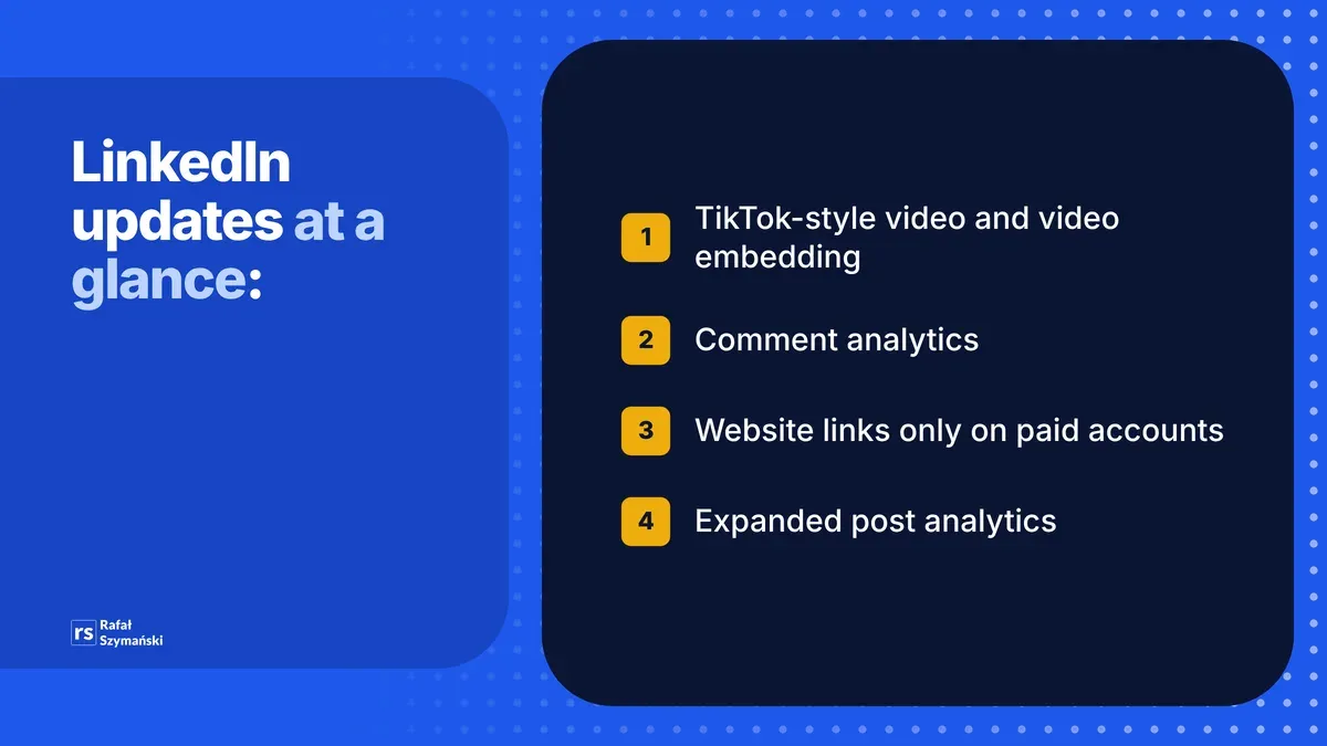 Four LinkedIn updates: TikTok-style video and video embedding, comment analytics, website links only on paid accounts, expanded post analytics
