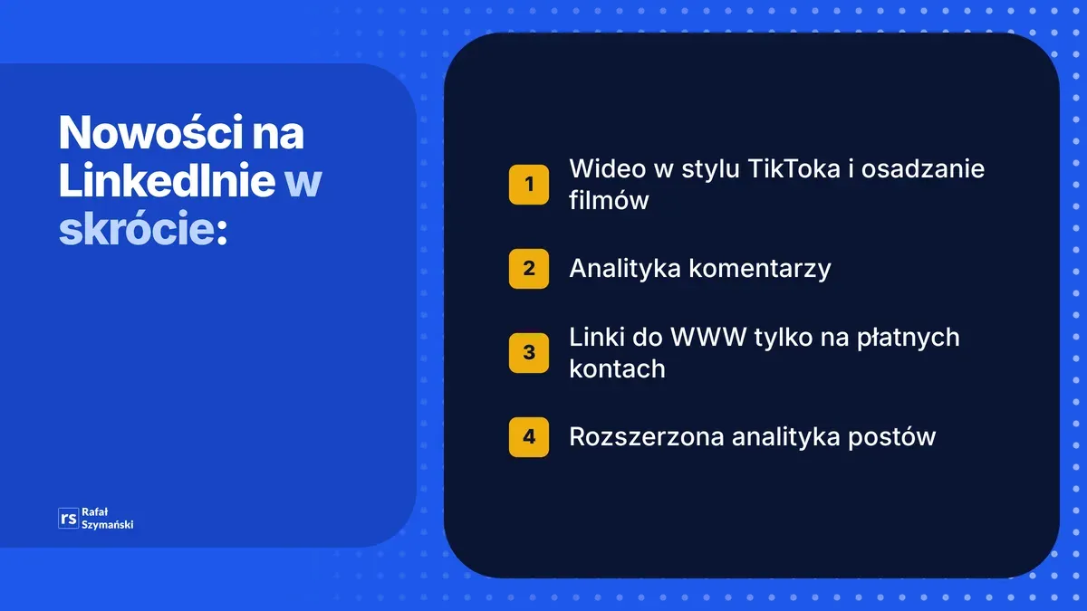 Cztery nowości LinkedIna: wideo w stylu TikToka i osadzanie filmów, analityka komentarzy, linki do WWW tylko na płatnych kontach, rozszerzona analityka postów