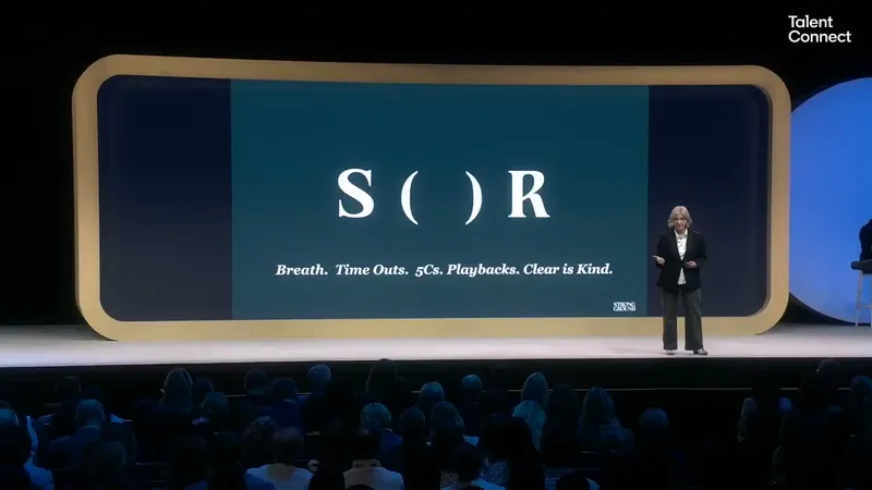 Brené Brown on stage in front of a slide reading S ( ) R with the words Breath, Time Outs, 5Cs, Playbacks, Clear is Kind