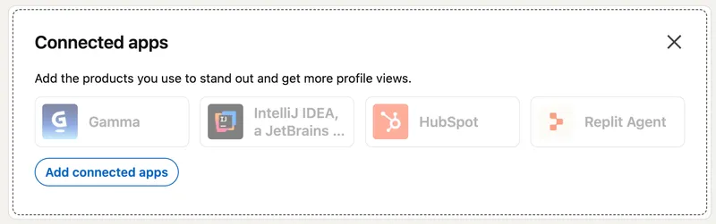 Connected apps section on a LinkedIn profile suggesting Gamma, IntelliJ IDEA, HubSpot and Replit Agent, with an Add connected apps button