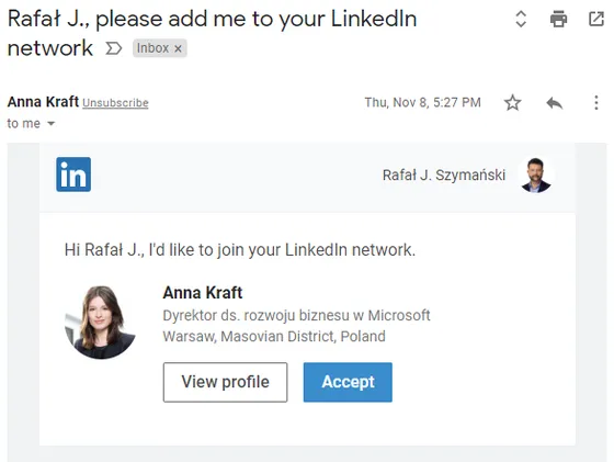 LinkedIn email with a connection request from an account named Anna Kraft, described as a business development director at Microsoft in Warsaw