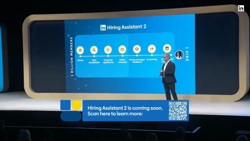 Hiring Assistant 2 slide showing the process from one billion members to one hire with the steps intake, find candidates, evaluate applicants, initial outreach, hiring manager feedback, screening and coordinate interviews
