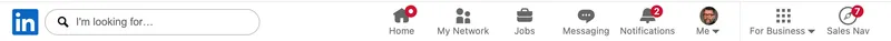 LinkedIn top navigation bar with the icons Home, My Network, Jobs, Messaging, Notifications, Me, For Business and Sales Nav at the end
