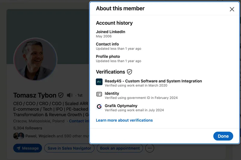 About this member dialog on a LinkedIn profile with a Verifications section listing two work email verifications and one government ID verification