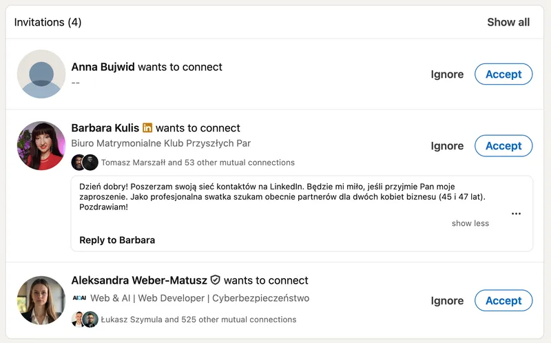 LinkedIn invitations list with three connection requests, one of them with a message in Polish from a professional matchmaker looking for partners for two businesswomen