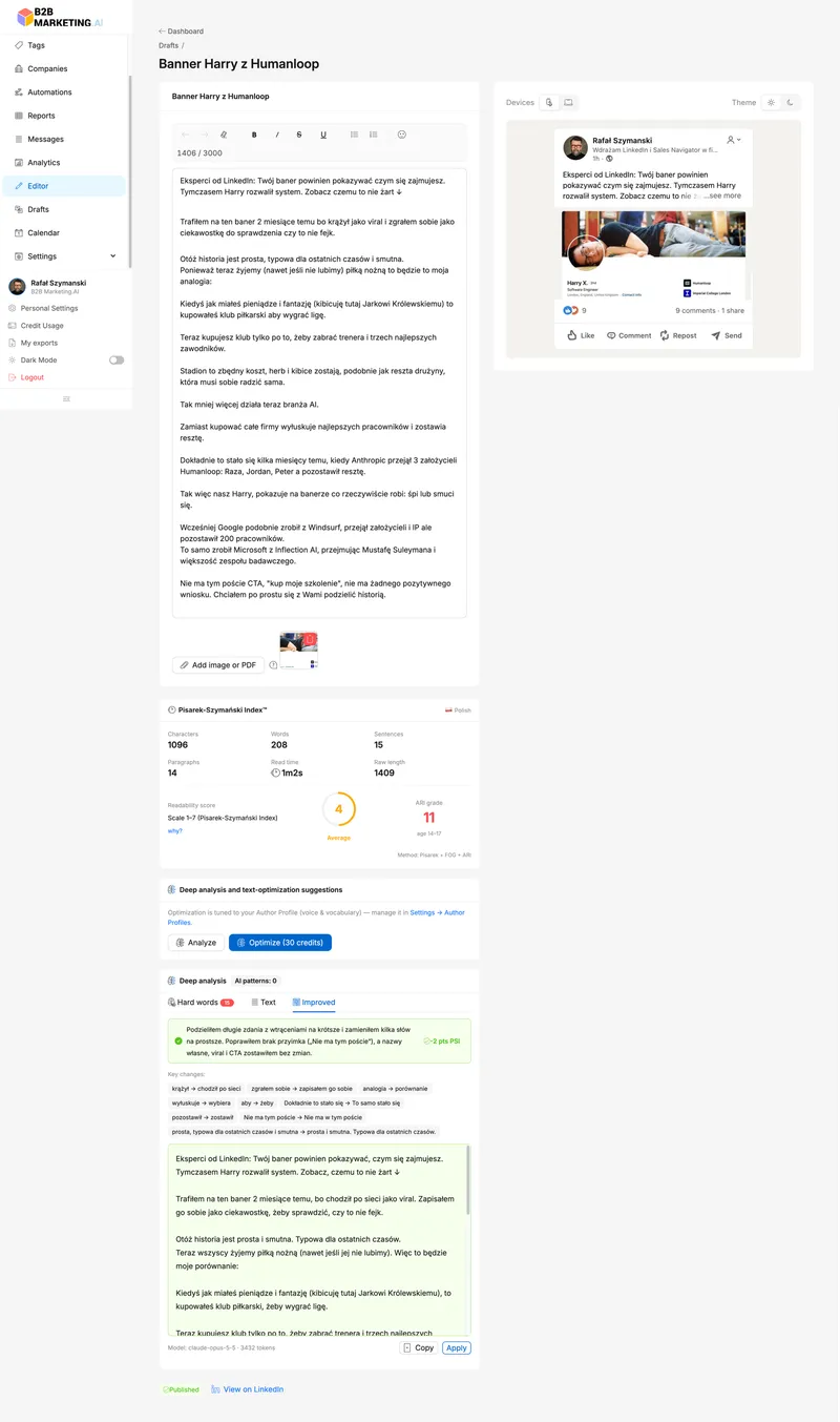 Edytor postów w B2B Marketing AI: u góry treść posta i podgląd na LinkedInie, niżej Pisarek-Szymański Index ze statystykami tekstu, na dole lista proponowanych zmian i poprawiona wersja posta