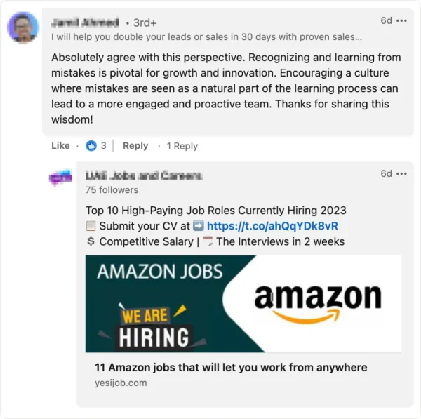 Komentarz pod postem na LinkedInie z ogólnikową pochwałą po angielsku, pod nim odpowiedź strony z ofertą pracy i linkiem; nazwy i zdjęcia rozmyte