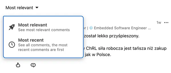 Rozwinięta lista sortowania komentarzy pod postem na LinkedInie z opcjami Most relevant i Most recent