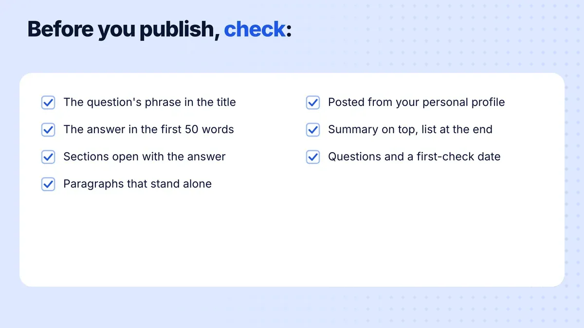 Seven things to check before you publish a LinkedIn article or post so AI can cite it