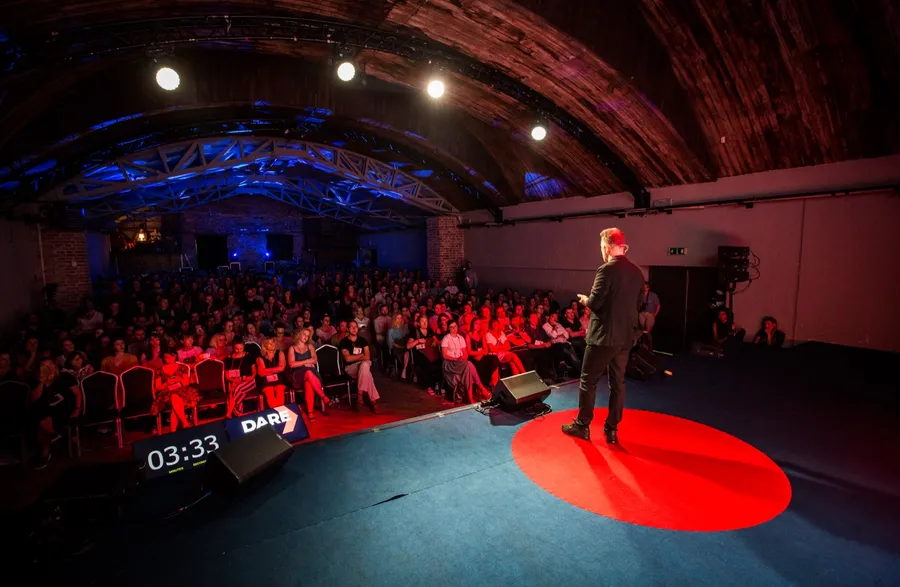 View from behind Rafał Szymański of the full TEDxWarsaw audience
