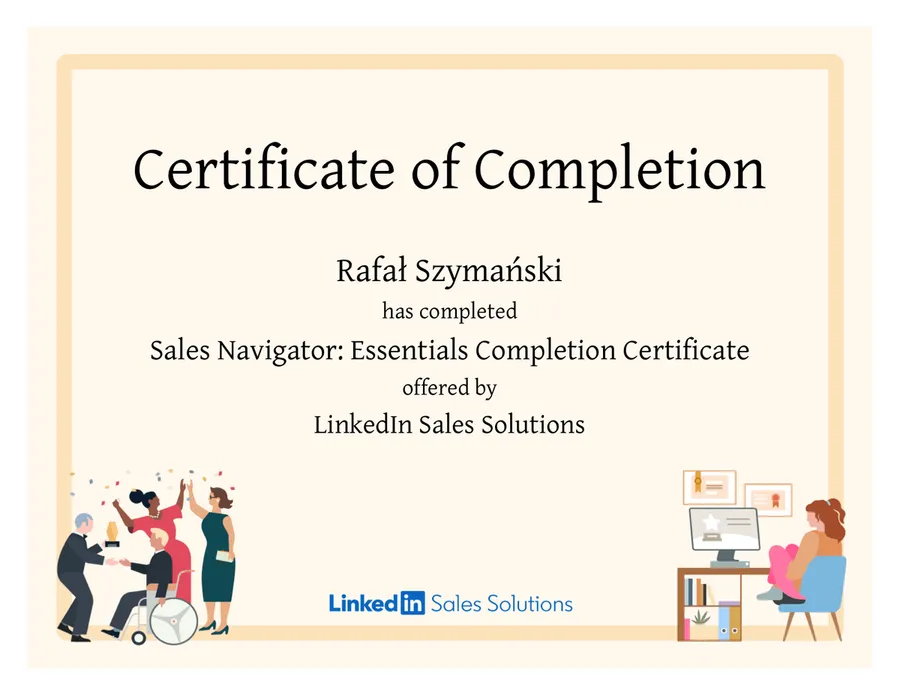 Certificate of Completion: Sales Navigator Essentials Completion Certificate, wystawca LinkedIn Sales Solutions, bez daty ważności i numeru