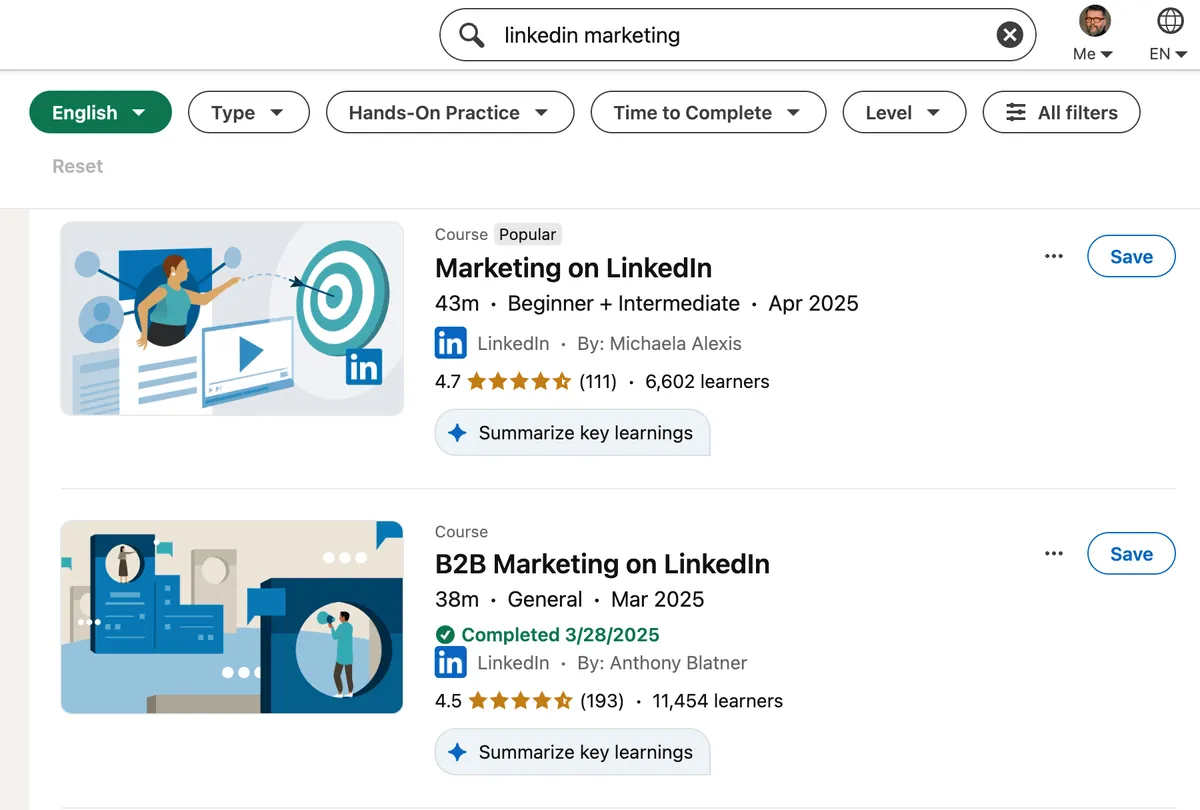 Wyniki wyszukiwania linkedin marketing w LinkedIn Learning: kursy Marketing on LinkedIn (43 minuty) i B2B Marketing on LinkedIn (38 minut) z oznaczeniem Completed 3/28/2025