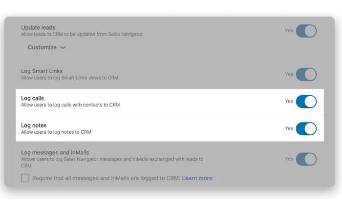 Ustawienia administratora Sales Navigatora z wyróżnionymi przełącznikami Log calls i Log notes, powyżej Update leads i Log Smart Links, poniżej Log messages and InMails