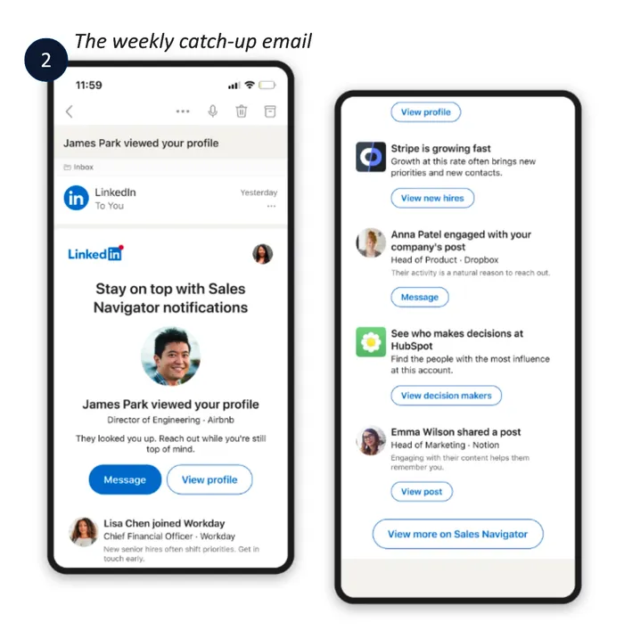 Dwa ekrany telefonu z nowym mailem tygodniowym Sales Navigatora: kto oglądał profil, nowy członek zarządu, szybko rosnąca firma, reakcja na post firmy, decydenci w firmie i nowy post leada, każdy z własnym przyciskiem