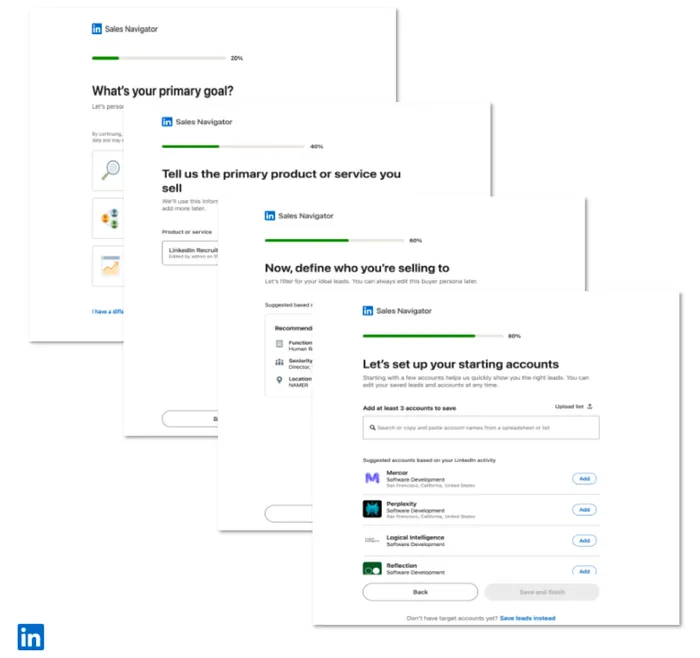 Four consecutive Sales Navigator setup screens: primary goal, product or service, ideal customer persona and at least three target accounts with a list of suggestions