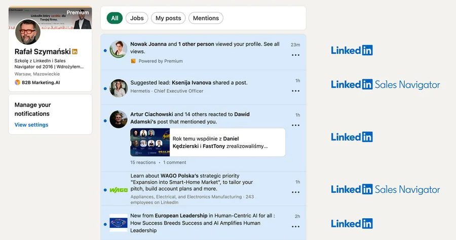 Lista powiadomień na LinkedInie w wersji desktopowej: przy każdym powiadomieniu oznaczenie, czy pochodzi z LinkedIna, czy z Sales Navigatora, w tym sugerowany lead i priorytet strategiczny firmy WAGO Polska