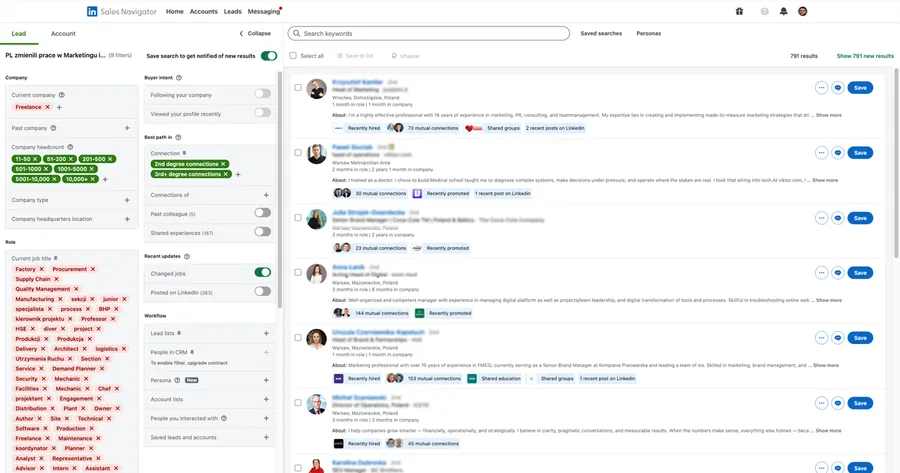 Wyszukiwanie leadów w Sales Navigatorze: panel filtrów z kilkudziesięcioma wykluczonymi słowami w polu Current job title, filtrami wielkości firmy i przełącznikiem Changed jobs, obok 791 wyników z rozmytymi danymi osób