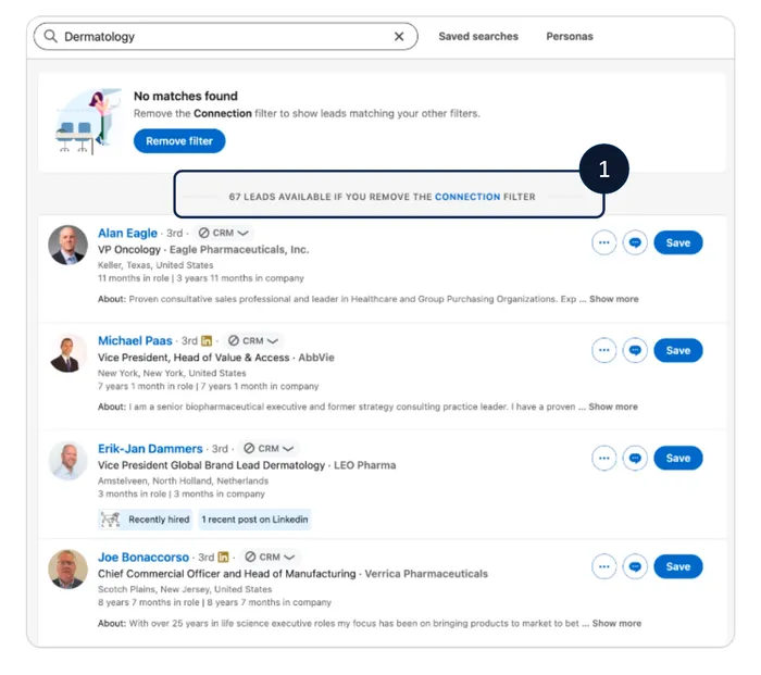 Wyniki wyszukiwania w Sales Navigatorze z komunikatem No matches found, przyciskiem Remove filter i informacją, że po usunięciu filtra Connection dostępnych jest 67 leadów